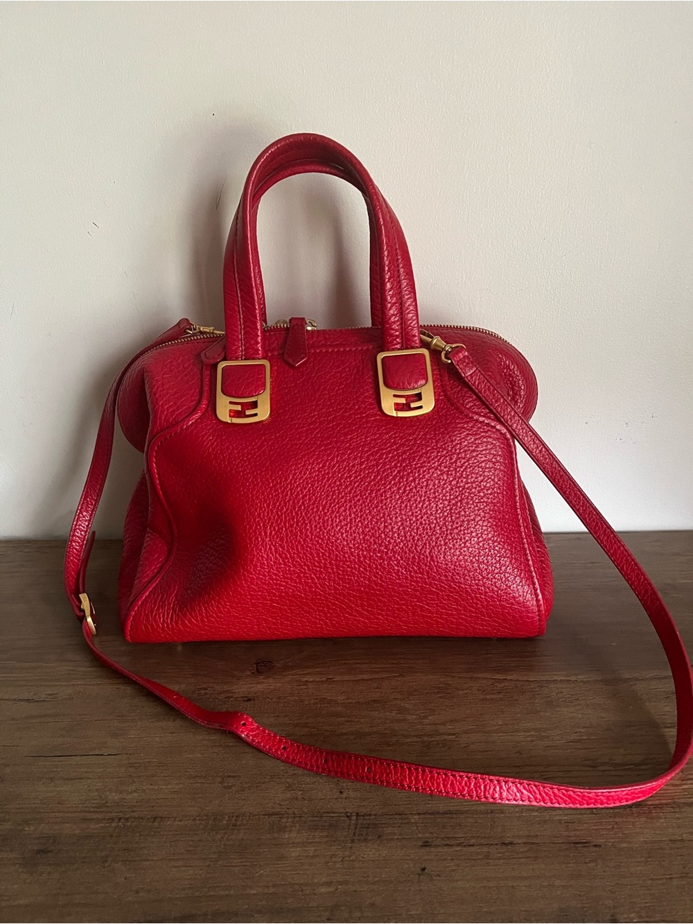 Fendi Chameleon Red Pebbled Leather Handbag with Gold Hardware